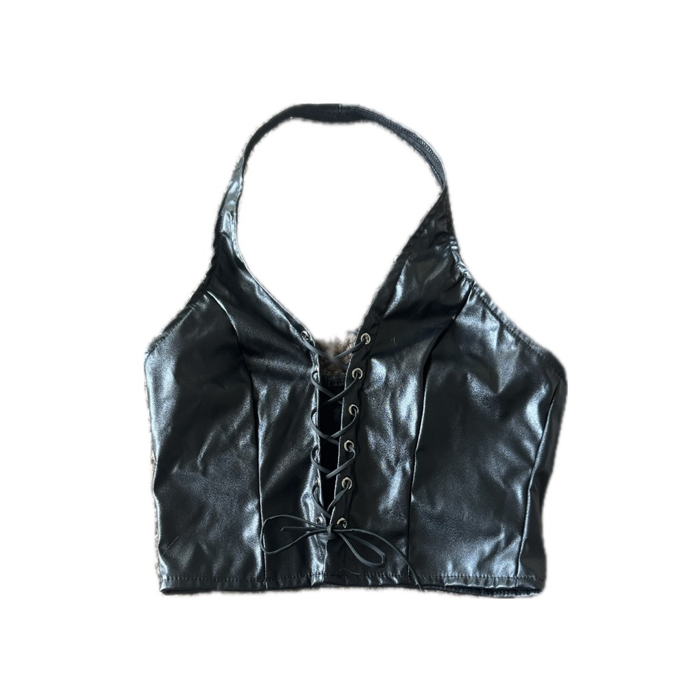 Black Faux Leather Lace-Up Halter Top
